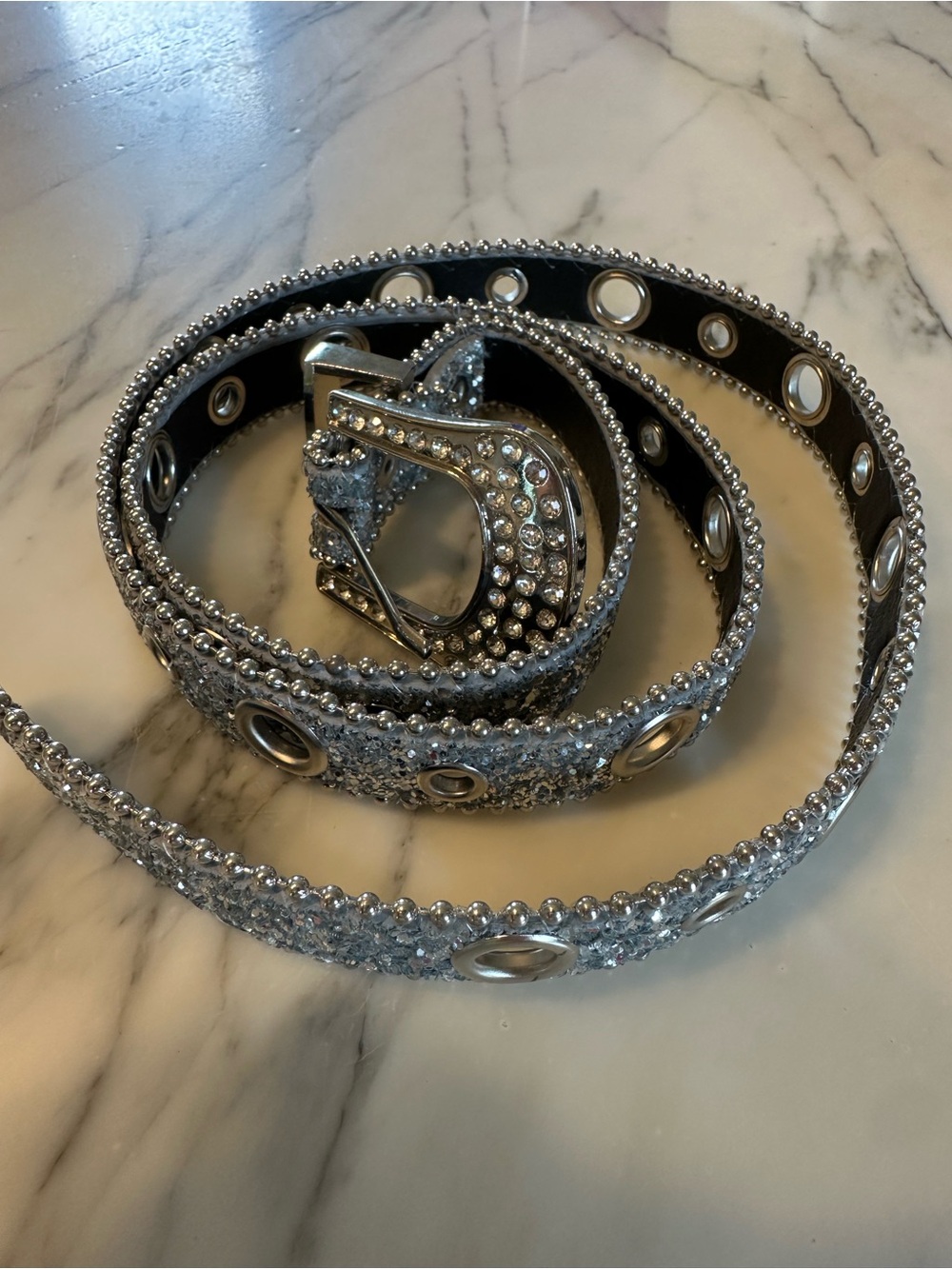 Amazon Women's Silver Crystal-Studded Grommet Belt